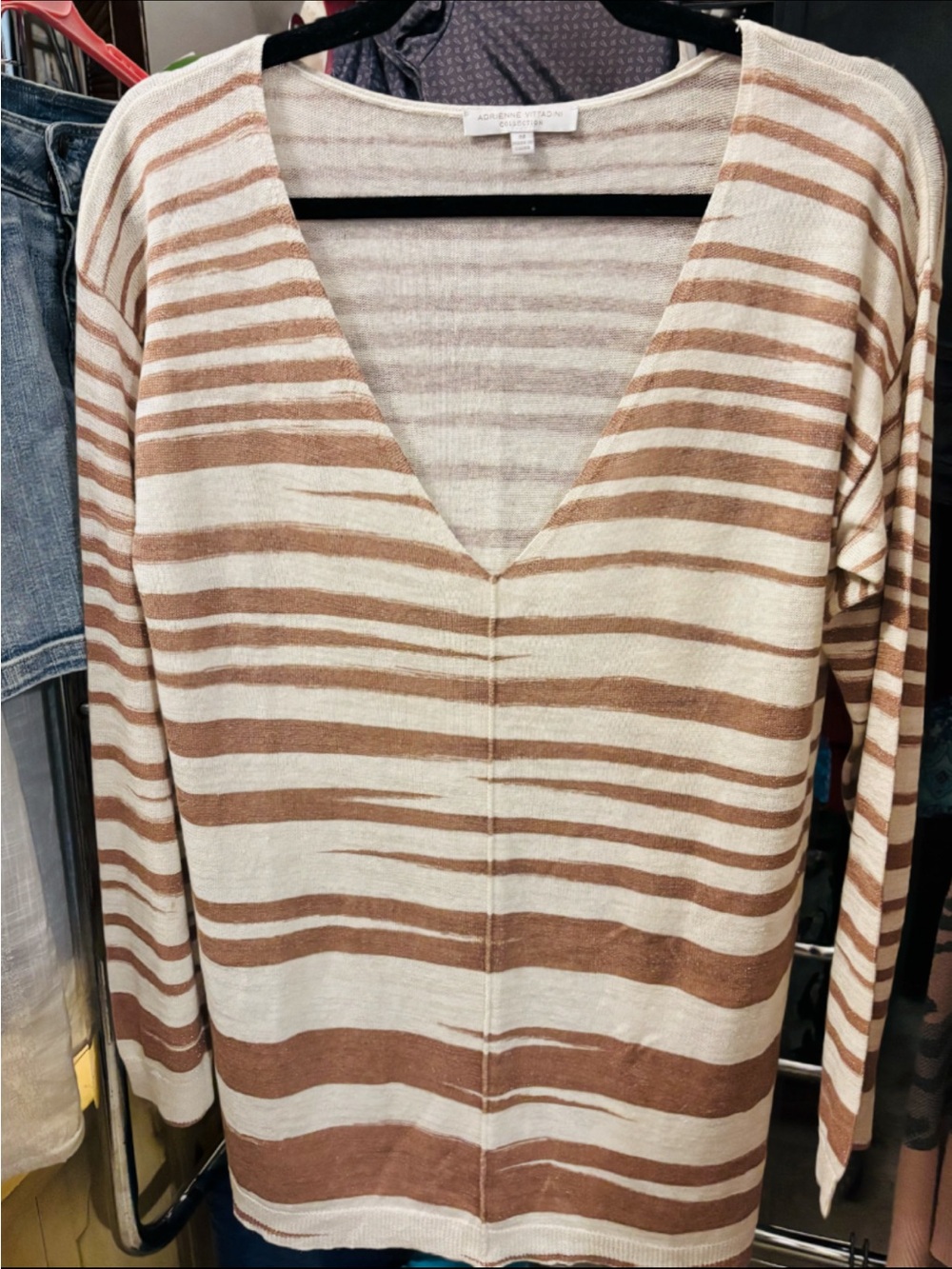 Adrienne Vittadini Cream and Brown Striped V-Neck Sweater